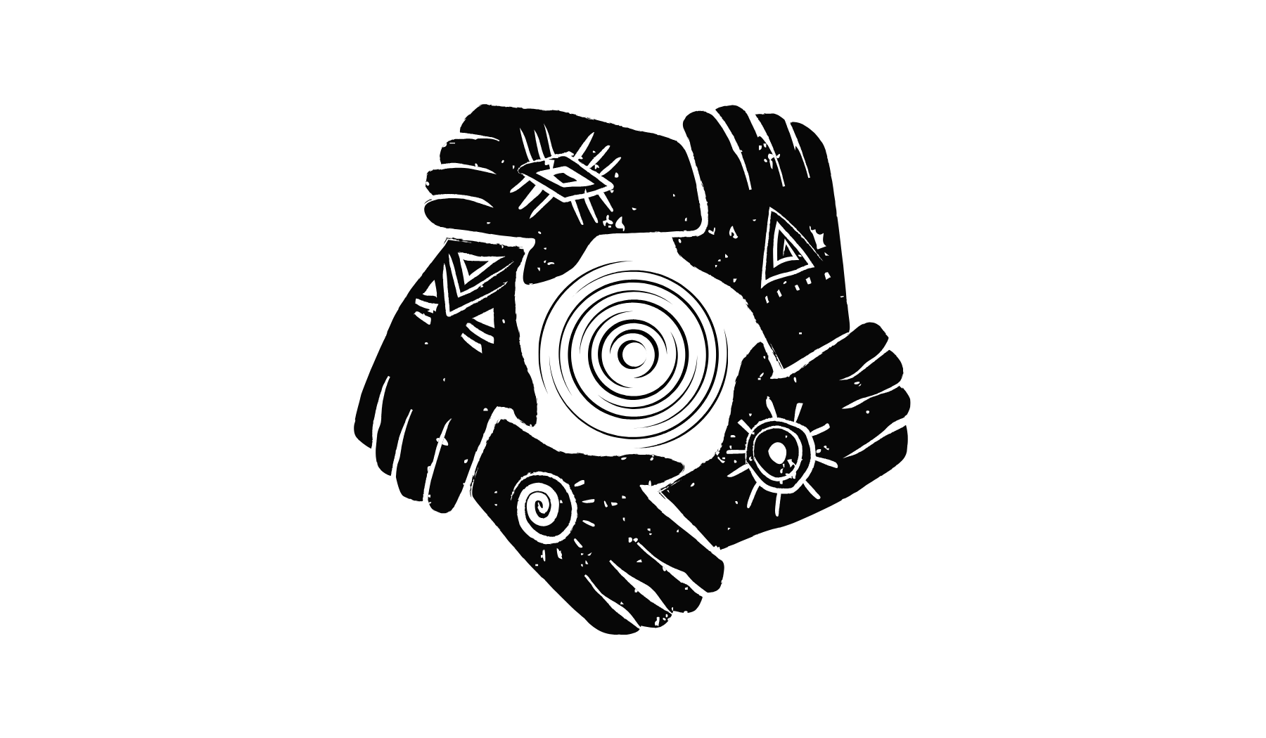 hands with geometric markings in a circle, with a ripple design in the center